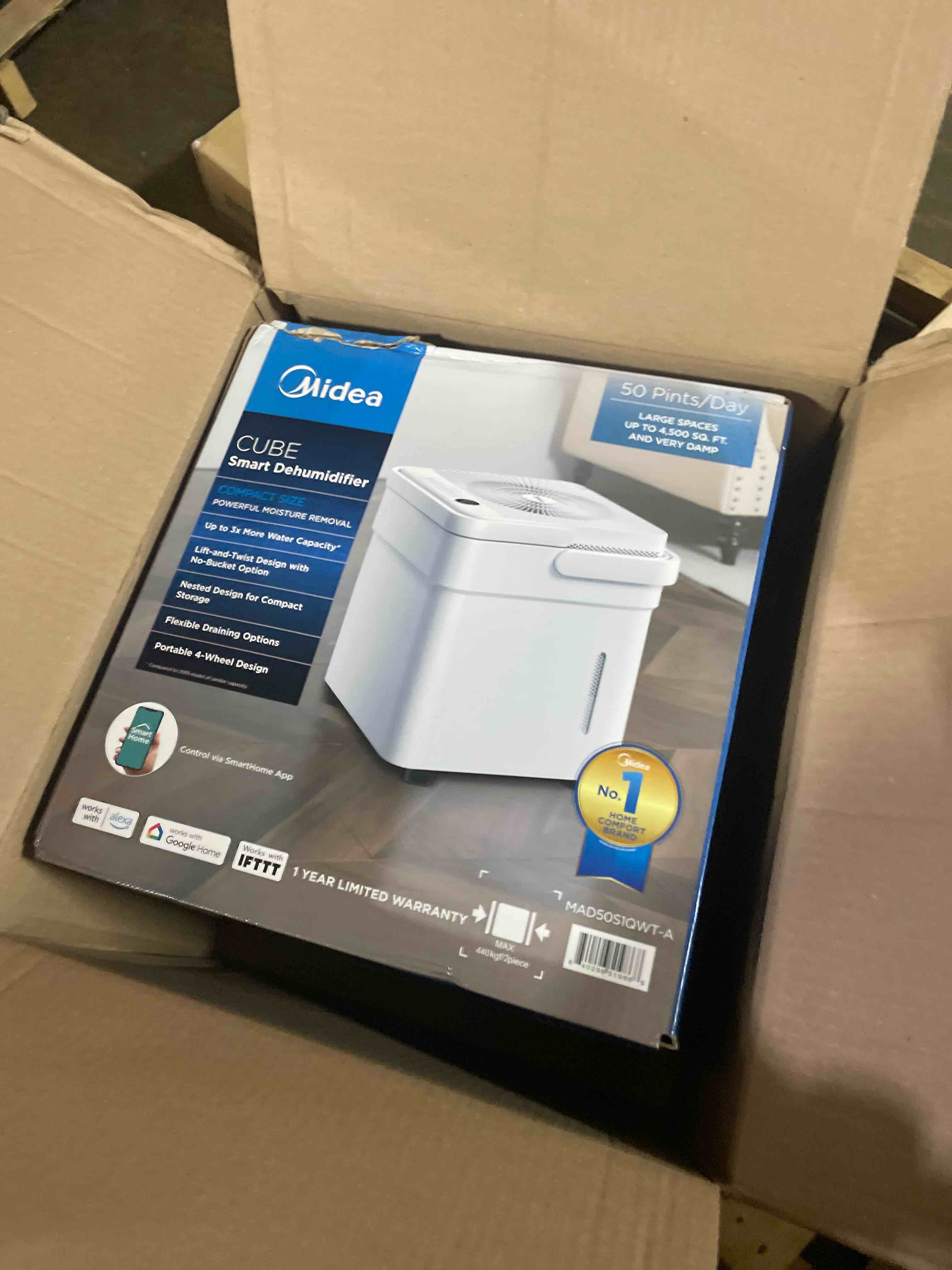 Condition photo showing As Is for midea cube 50 pint dehumidifier for basement and rooms at home for up to 4,500 sq. ft., smart control, compatible with alexa (white), drain hose included