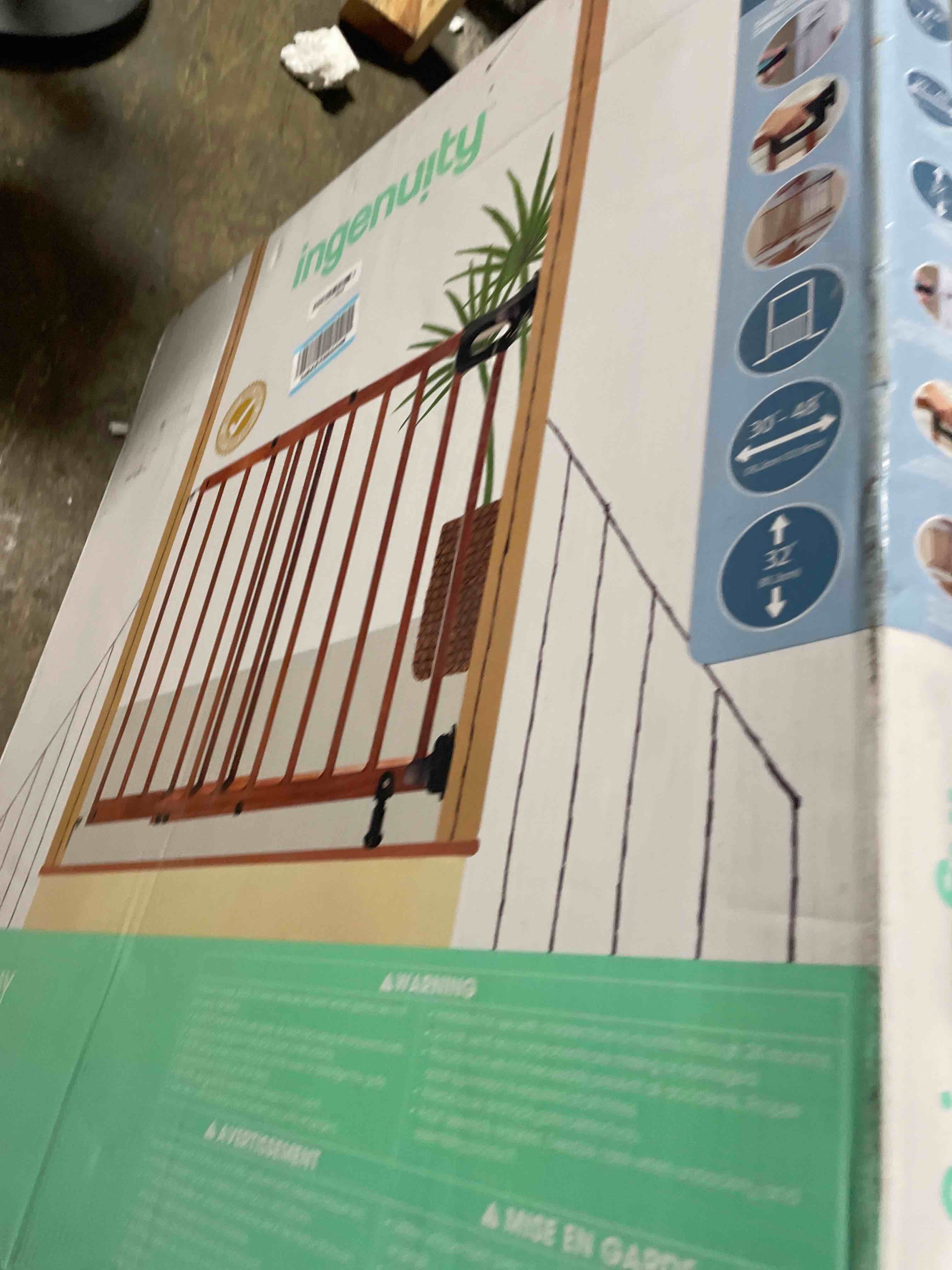 Condition photo showing New/Like New for ingenuity the stairway 48w series, 30'-48' wide, 32" tall, baby gate for stairs with door, wood safety gate for doorways and stairways - oak wood