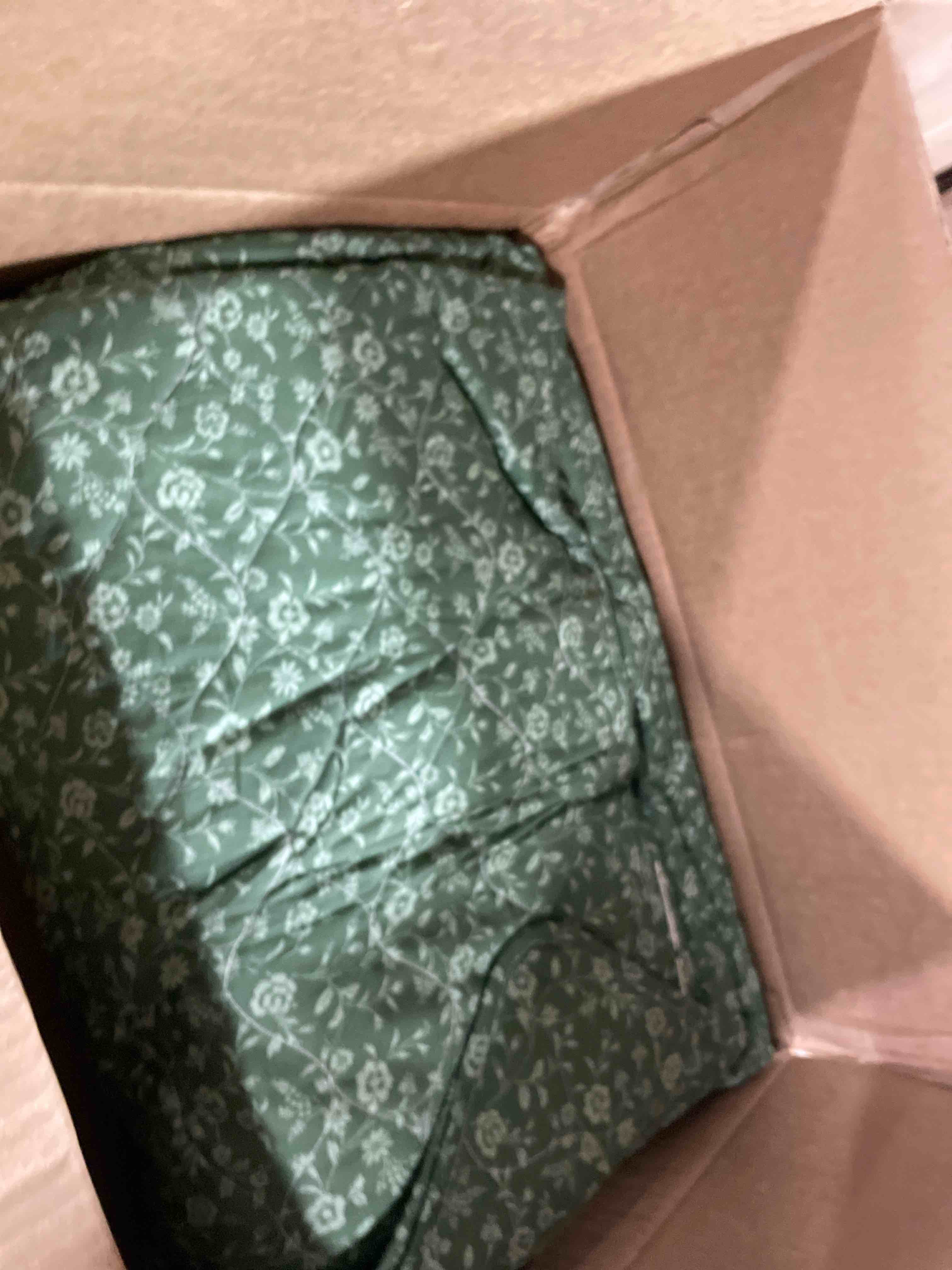 Condition photo showing As Is for madison park vintage floral quilt set, 3pc king/cal king reversible bed set | lightweight bedspread set with 2 shams, traditional block print coverlets with ruffled edge, sage green king/cal king sage green