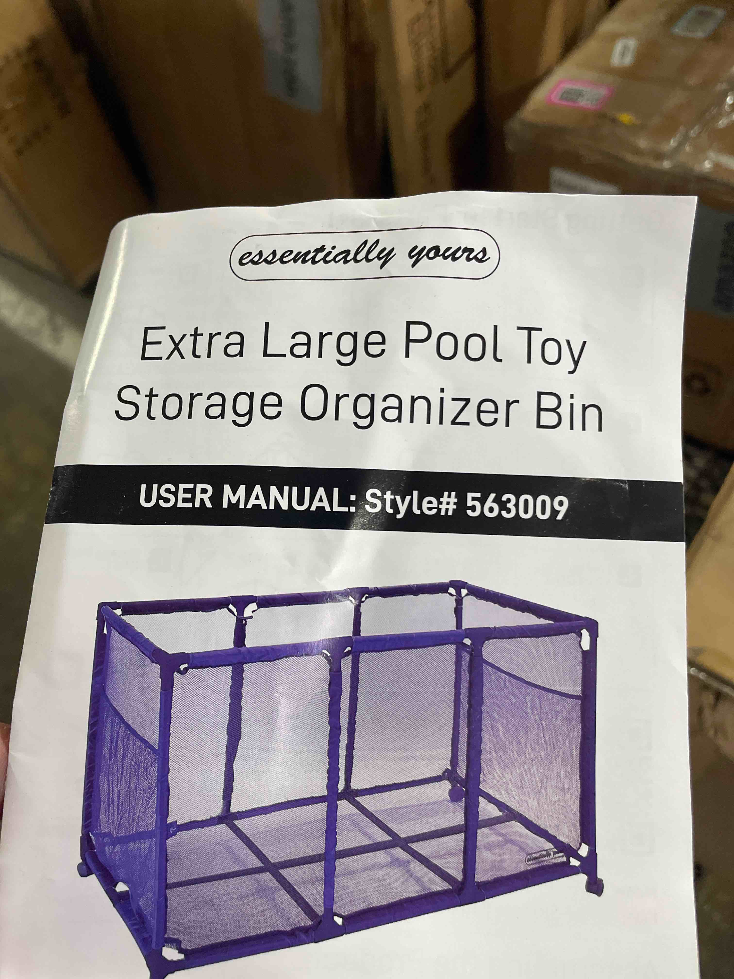 Condition photo showing As Is for pool noodles holder, toys, floats, balls and floats equipment mesh rolling storage organizer bin, kids height, large (25" l x 43" w x 28" h), blue