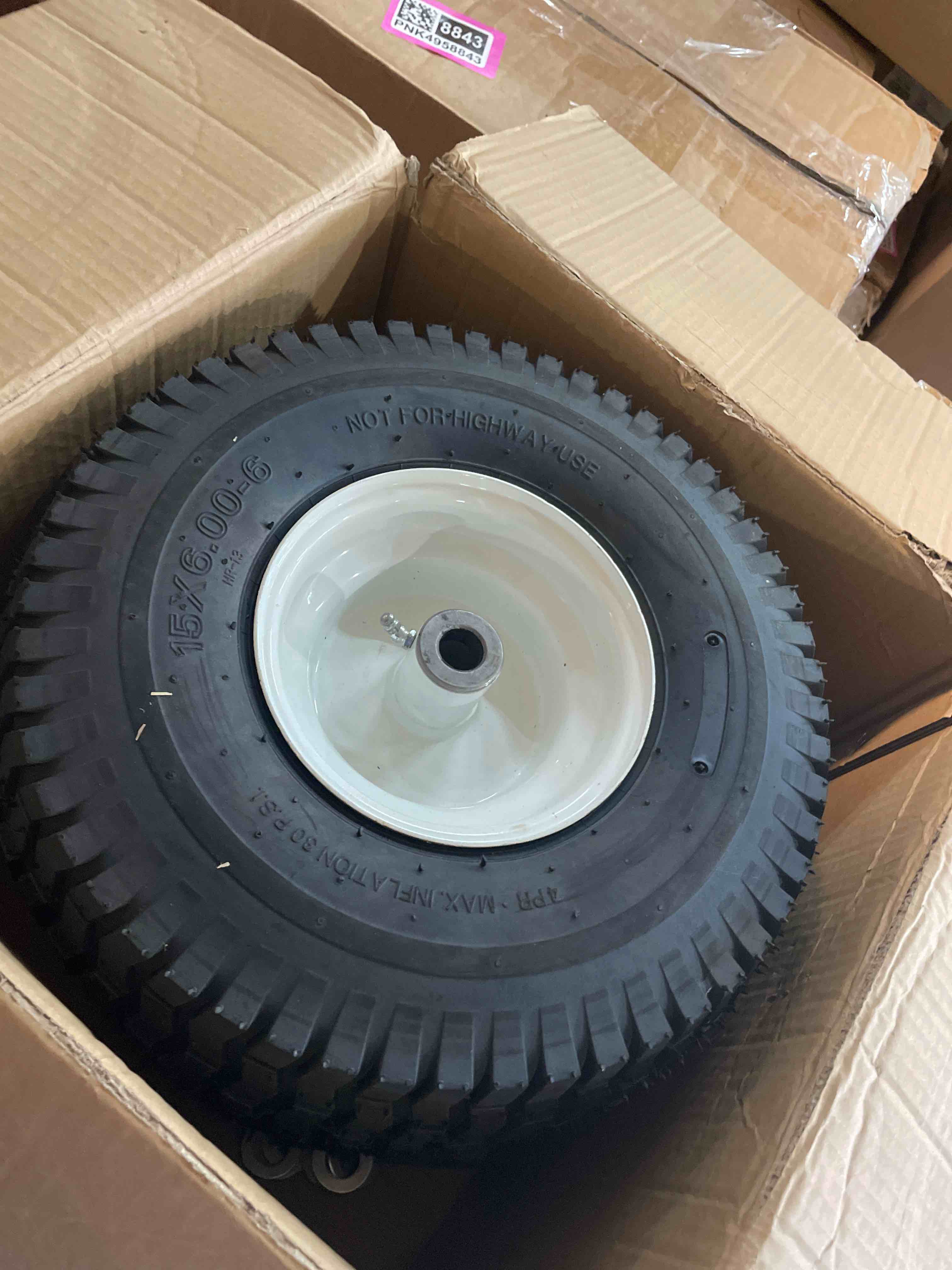 Condition photo showing New/Like New for taifa 15x6.00-6 rubber pneumatic tires and air wheels, 2 pcs replacement with 3/4" bearings, inflated wheel for garden carts,pressure washers, wheelbarrows,lawn mower,hand trucks etc. 15x600-6
