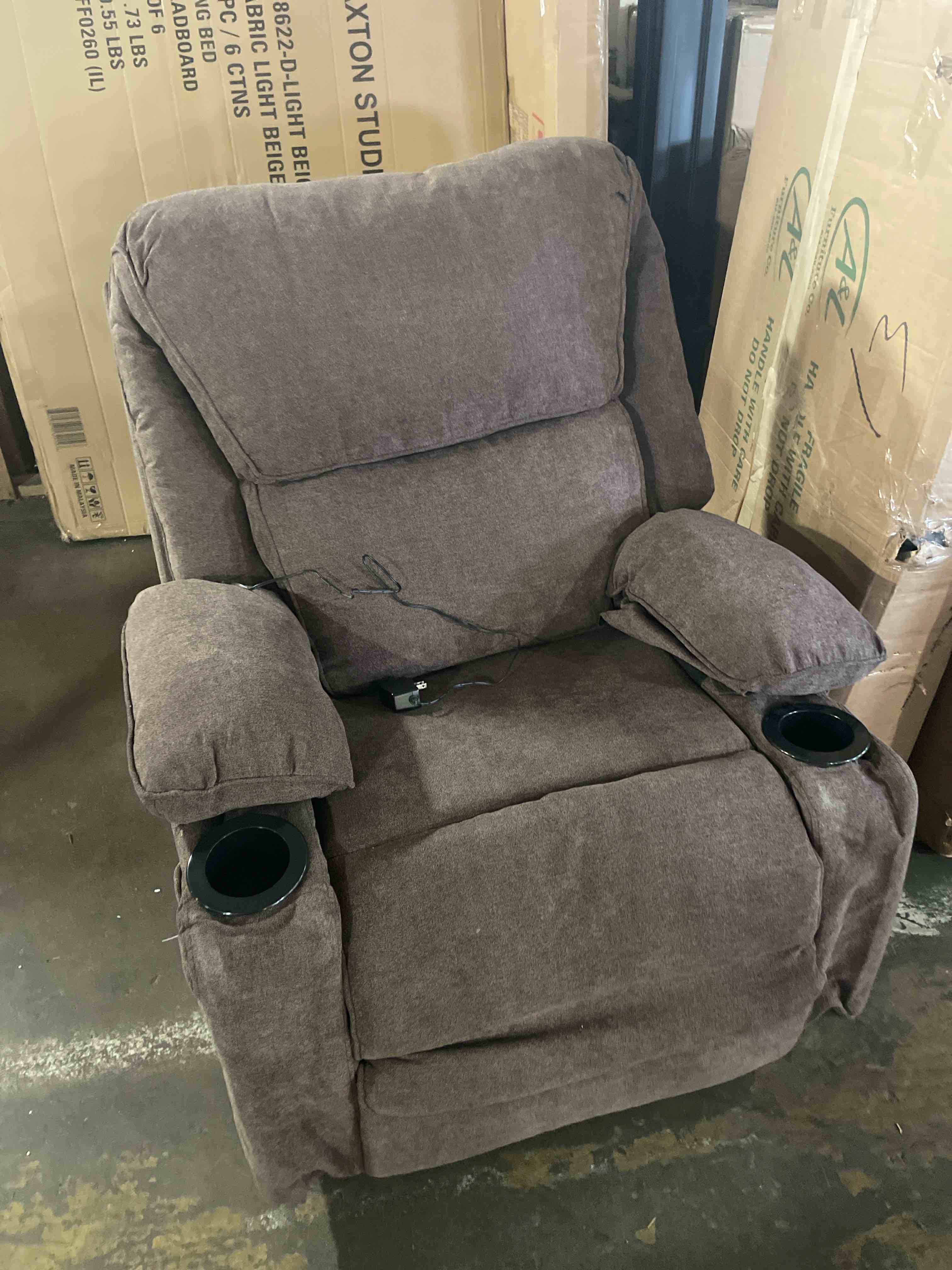 Condition photo showing Good Condition for overstuffed massage rocker recliner chair with heat, brown | oversized rocking recliners, manual, swivel, ergonomic, fabric, cup holders
