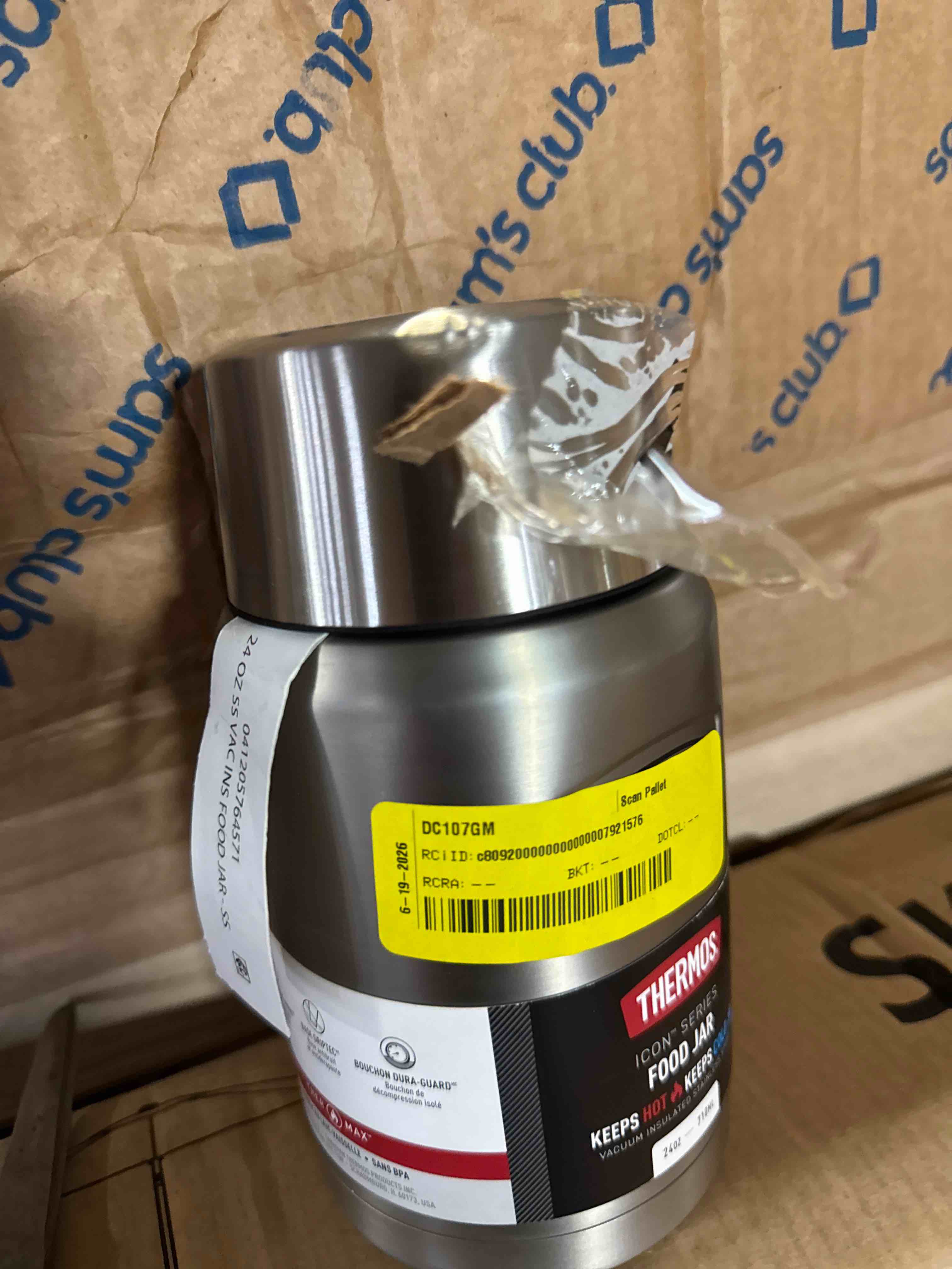 Condition photo showing As Is for thermos vacuum insulated food jar w/ folding spoon  24oz  matte stainless