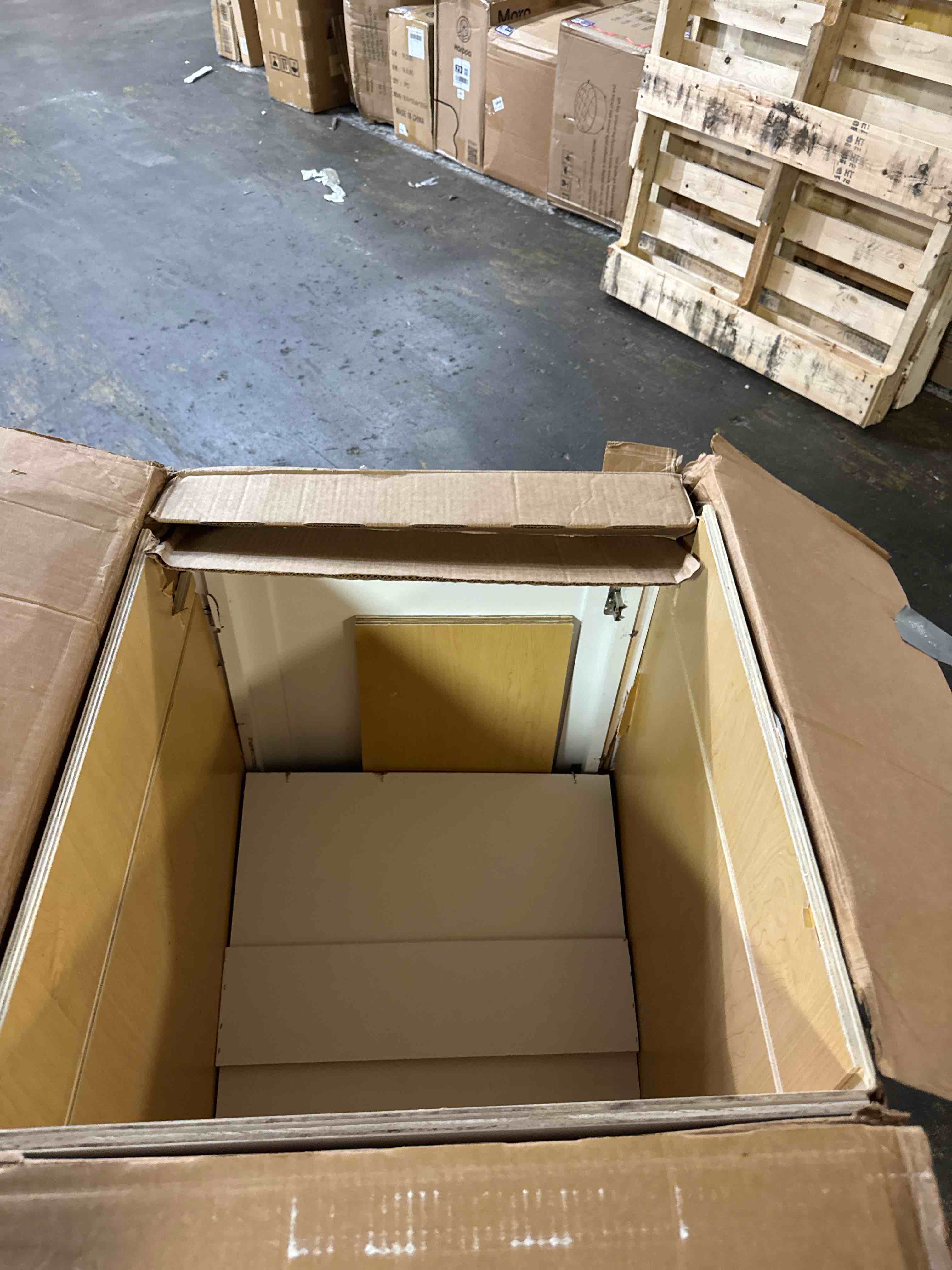 Condition photo showing As Is for kitchen base cabinet, sideboard, white shaker, paint, soft close system, 1 door and 1 drawer, unassembled, modern( similar)