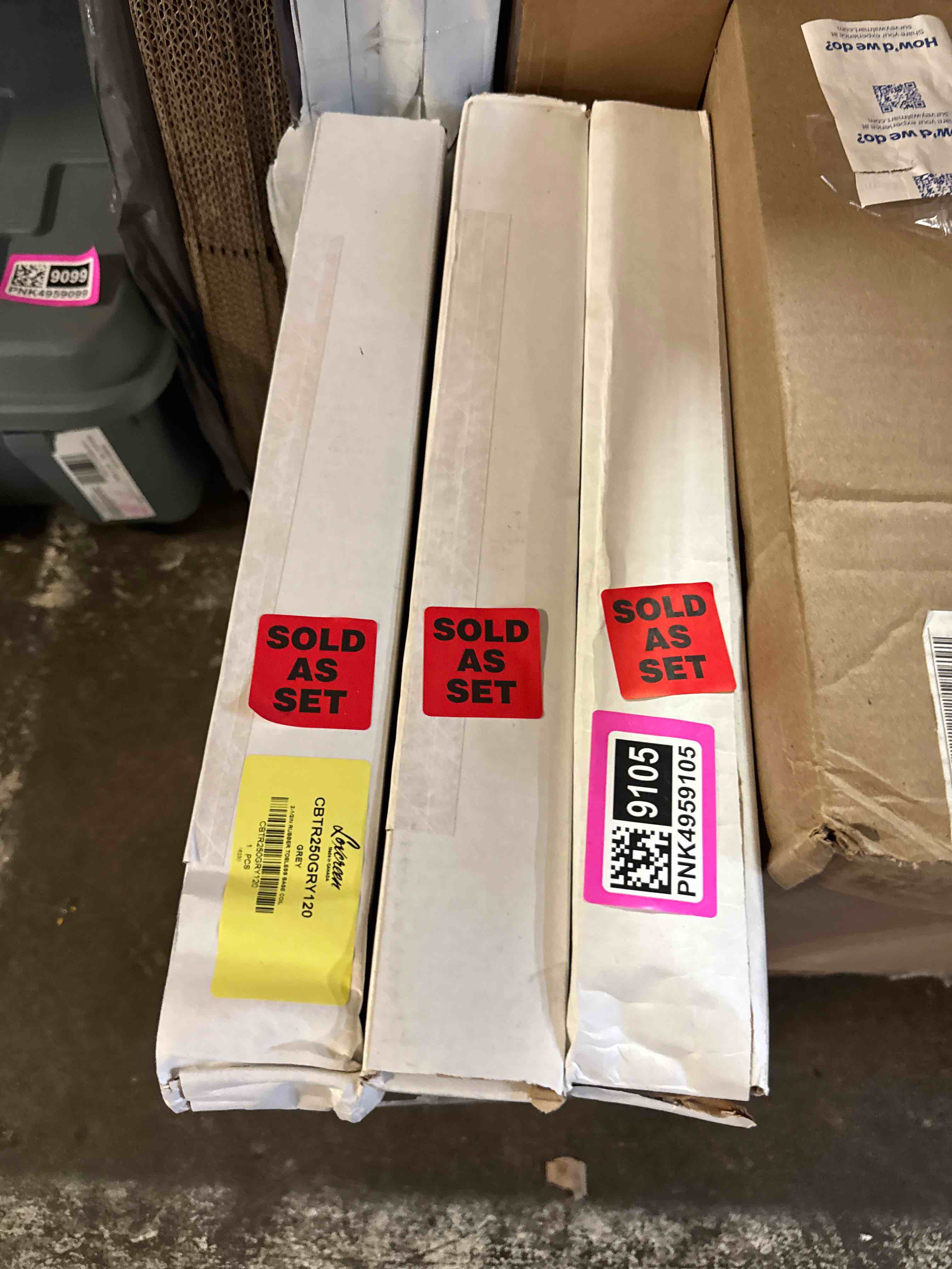 Condition photo showing New/Like New for tarkett / johnsonite baseworks 2 1/2" thermoset rubber wall base type ts 283 toast 2.5" x 120' roll by 0.125" straight (toeless)( sold in set of 3)
