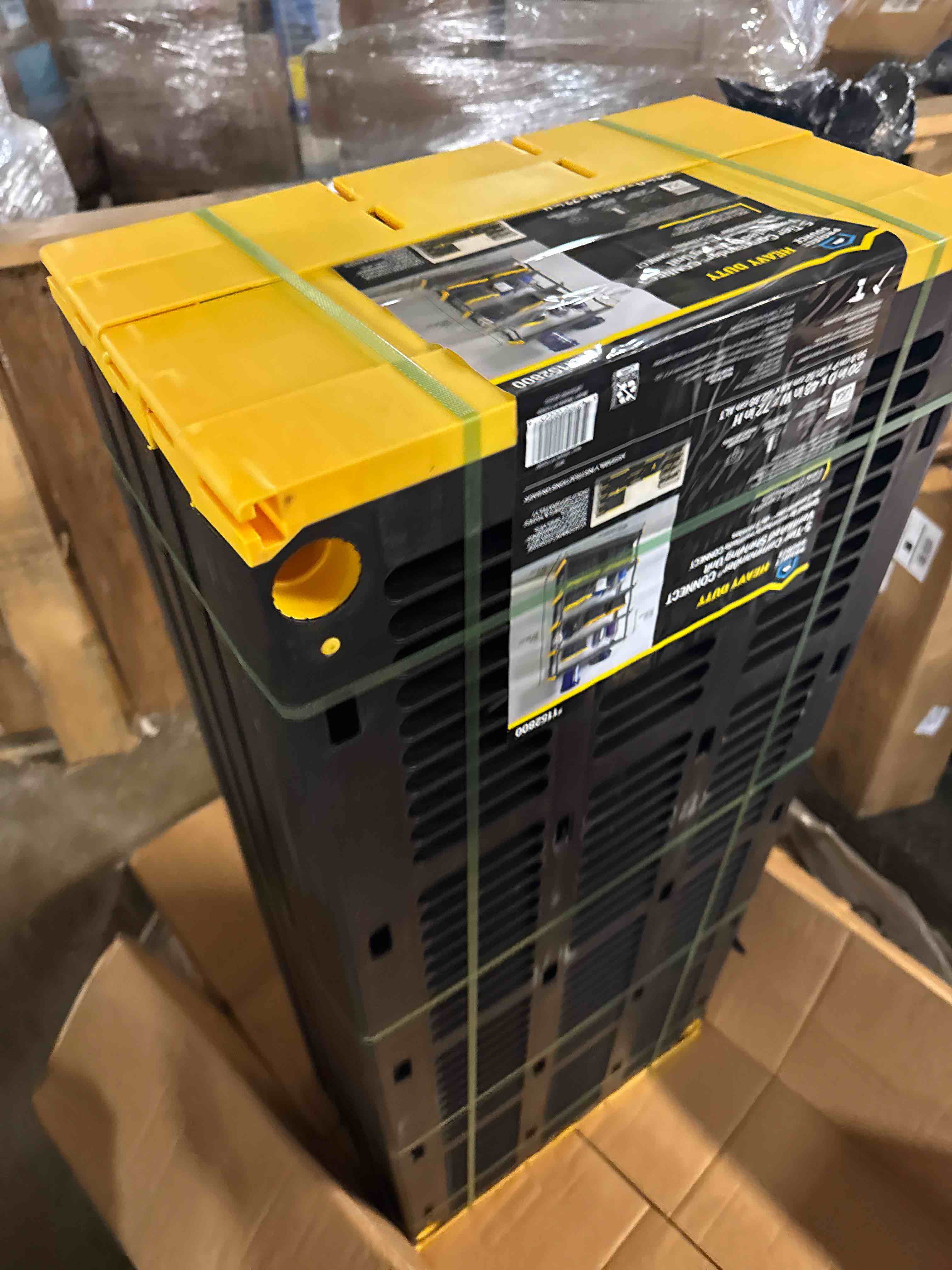 Condition photo showing New/Like New for cx black & yellow®, 5-tier heavy duty plastic storage shelving unit, 200lbs/shelf (72”h x 48”w x 20”d), for indoor/outdoor organization, modular rack