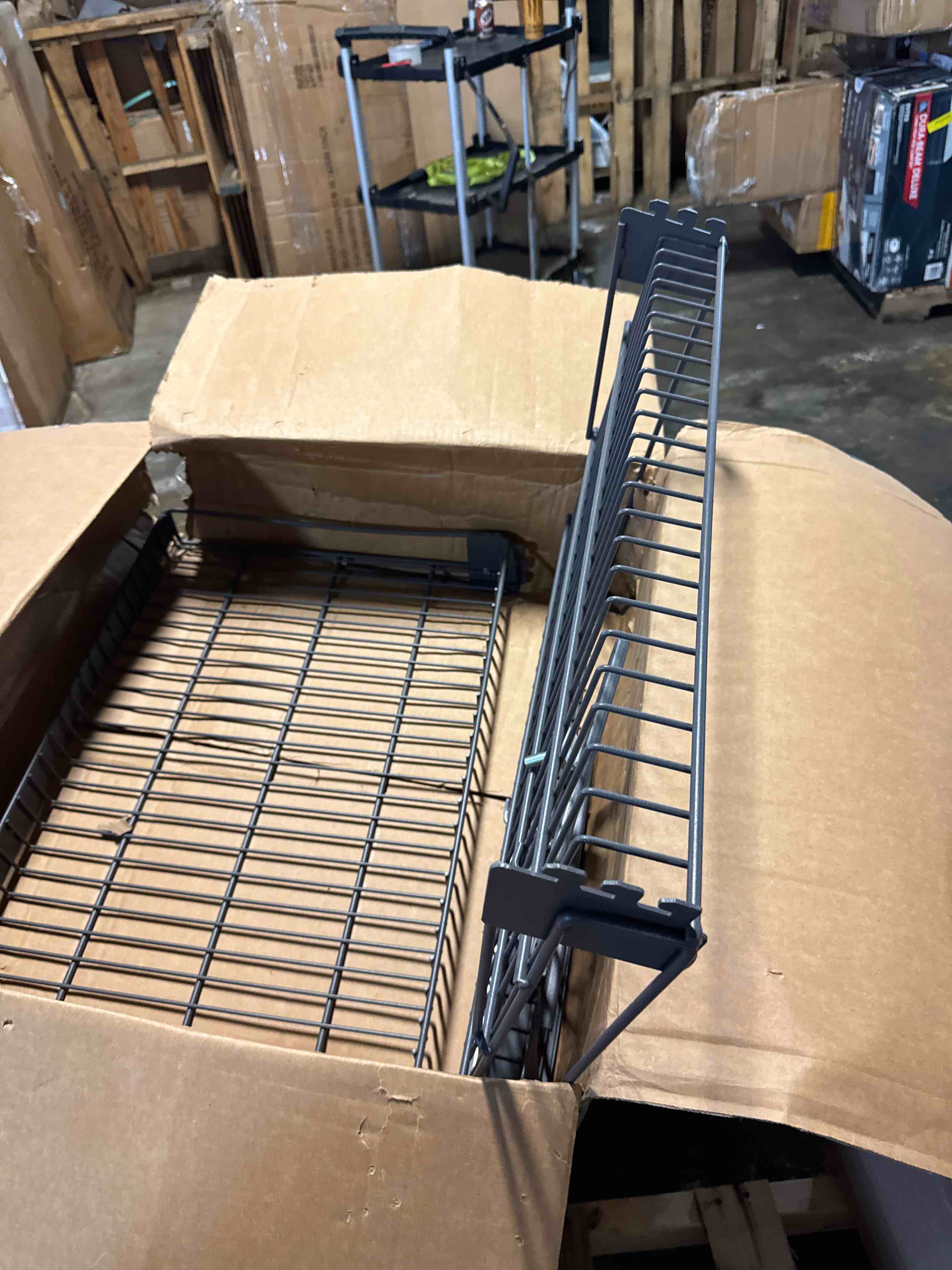 Condition photo showing As Is for saferacks steel garage wall shelves 2-pk w/hooks, 500lb, hammertone (18x36)( similar see pics)