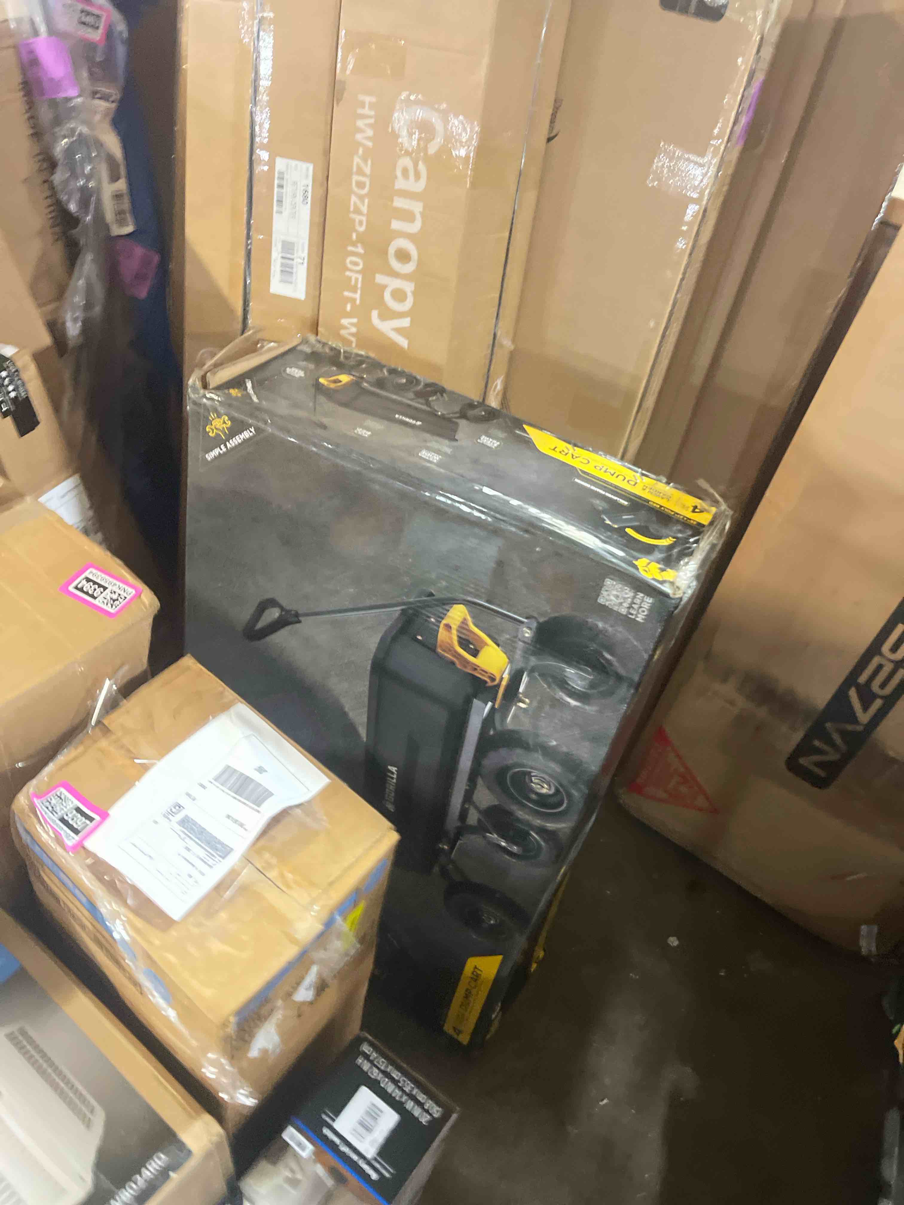 Condition photo showing New/Like New for 4 cu. ft. patented poly dumping garden cart, 600 lbs. capacity, 35 in. x 22 in. x 8 in. bed, 10 in. pneumatic tires