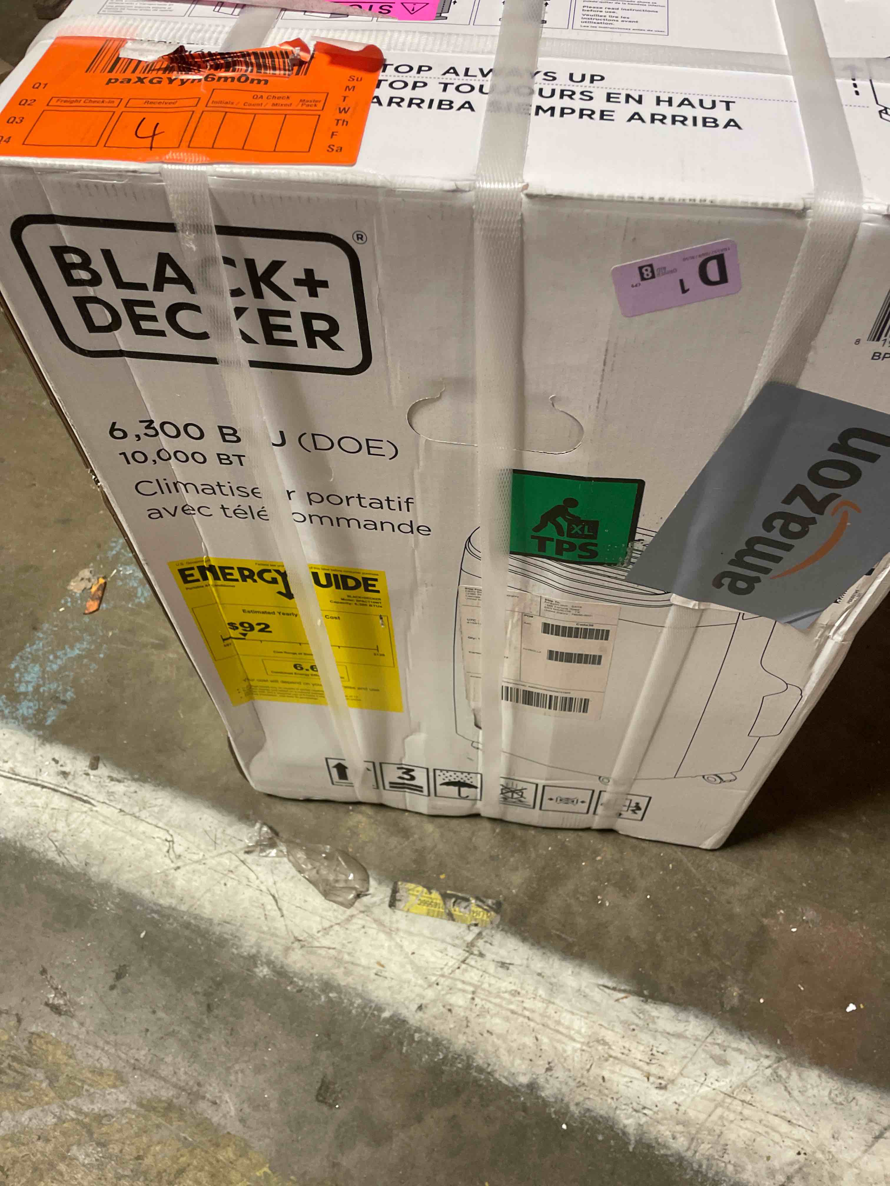 Condition photo showing New/Like New for black+decker portable air conditioner, 10,000 btu (6,300 btu sacc) for rooms up to 450 sq. ft., portable ac with follow me remote control and window kit, bpact10wt, white