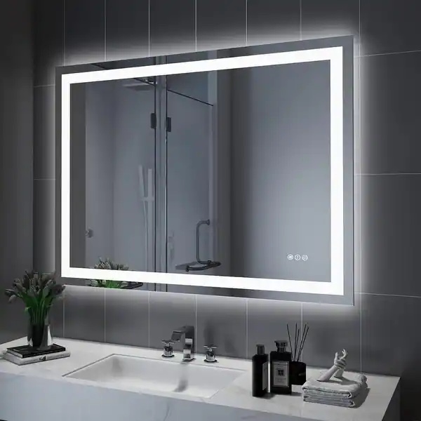 KIOTEE LED Bathroom Mirror with Front and Backlight, Stepless Dimmable Wall Mirrors with Anti-Fog, Shatter-Proof, Memory - 55x36
