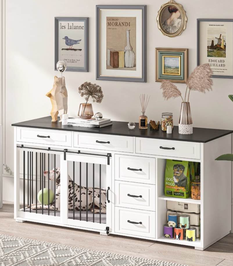 FUFU&GAGA Dog Crate Furniture with 6 Drawers and Open Compartment, Wooden Dog Kennel with Sliding Door