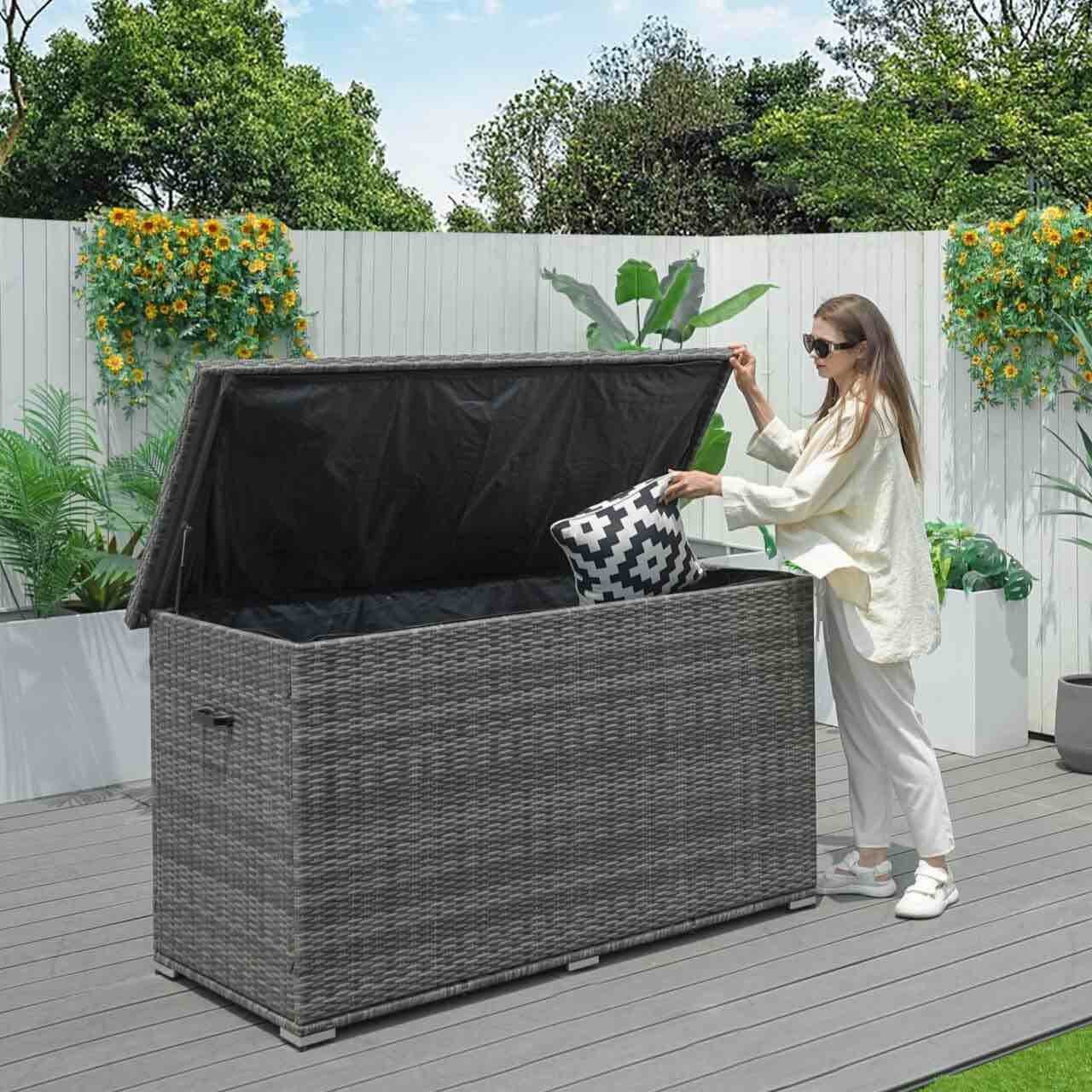 Moda Furnishings Lois 296 Gallons Water Resistant Wicker Deck Box in Gray
