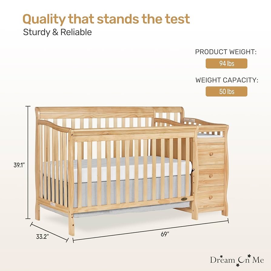 dream on me brody 5-in-1 convertible full-size baby crib & 3-drawer changer in natural, pinewood, greenguard gold & jpma, 1” changer pad, 3 mattress heights, converts to toddler & full size bed