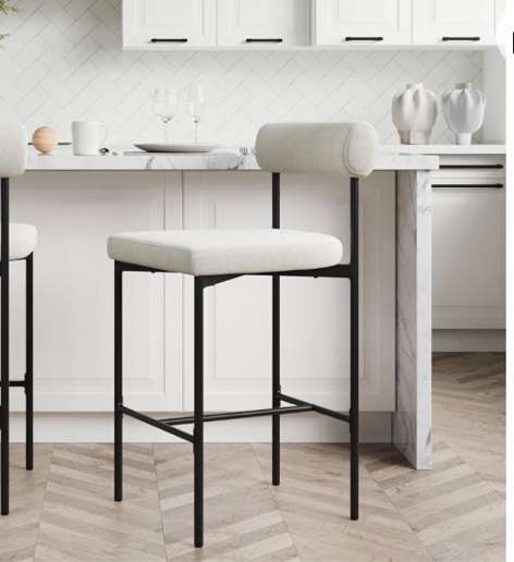 Nathan James Dahlia Counter Height Chair, Boucle Upholstered Modern Barstool with Back, Mid-Century Metal Legs and Padded Cushion for Kitchen, Island and Bars, Light Cream Boucle/Black