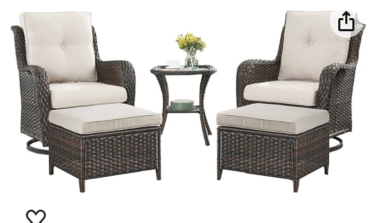 Rilyson Wicker Patio Furniture Set - 5 Piece Rattan Outdoor Sectional Conversation Sets with 2 Swivel Rocking Chairs,2 Ottomans and 1 Side Table for Porch Deck Garden(Brown/Beige)