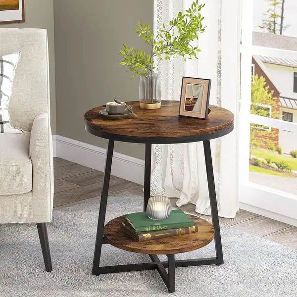Industrial End Table, Round Side Table Table Small Coffee Accent Table - Brown
