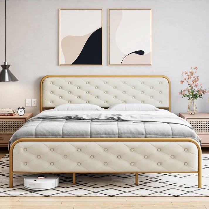 GARVEE King Size Bed Frame with Elegant Button Tufted Curved Headboard, Velvet Upholstered Platform Bed Frame, Golden Heavy Duty Mattress Foundation, Noise Free, No Box Spring Needed, Gold-Beige