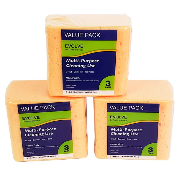 EVOLVE VALUE PACK MULTI PURPOSE CLEANING USE FOR GROUT CEMENT TILES CARS HEAVY DUTY PERFECT FOR ALL RESIODENTIAL AND COMMERICAL CLEANING 7-1/2X5 1/4X2IN SPONGE 3PACK-48PER BOX