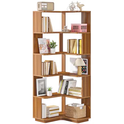 Tribesigns Earlimart Walnut Particleboard 6-Shelf Corner Bookcase (23.62-in W x 64.96-in H x 23.62-in D)