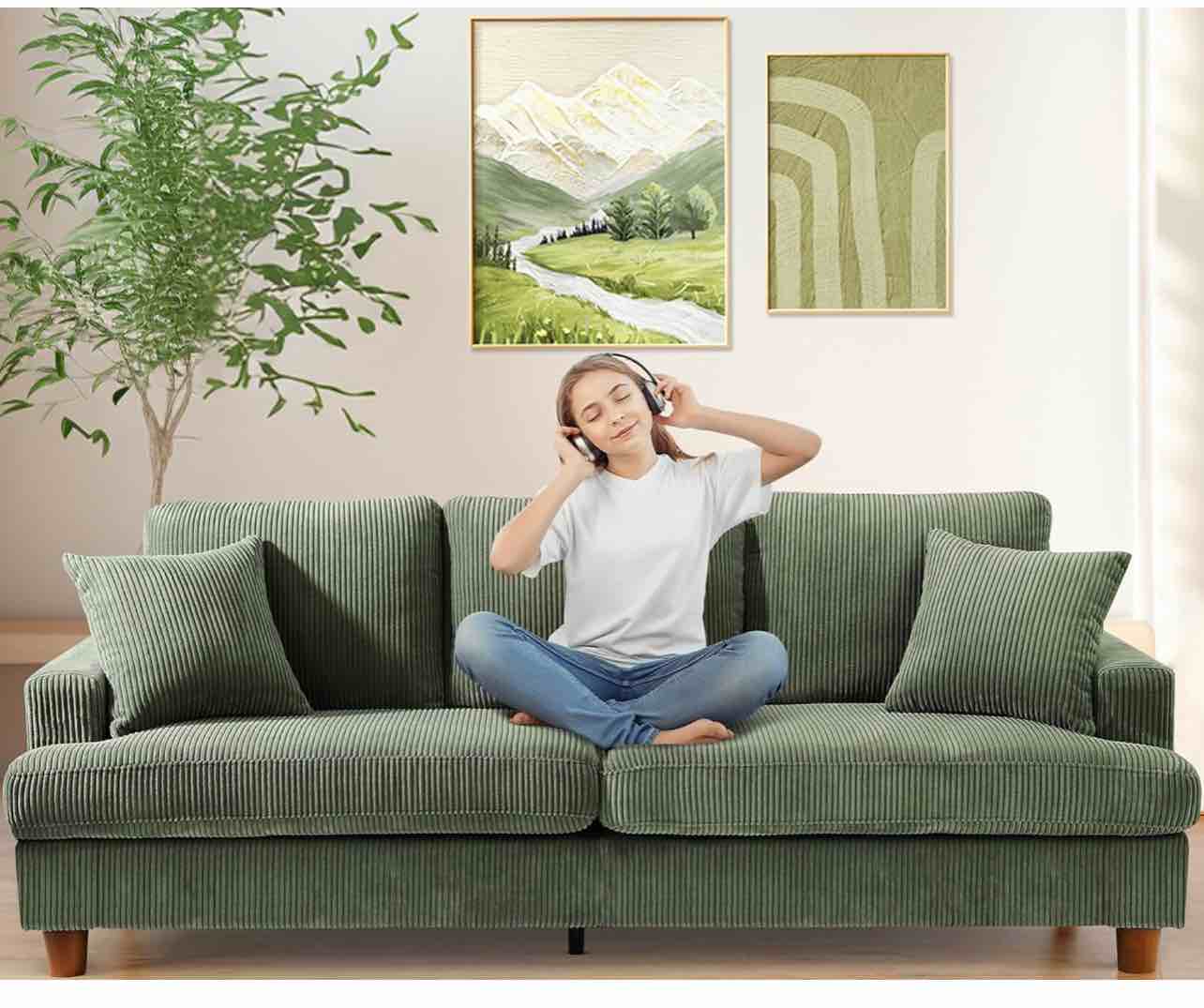 Kidirect 87in Green Sofa, Couches for Living Room 21in Extra Deep Seats, Comfy Corduroy Sofas for Living Room No Tool Assembly, Modern Oversized Love Seat with 2 Pillows, Sofa Couch for Bedroom
