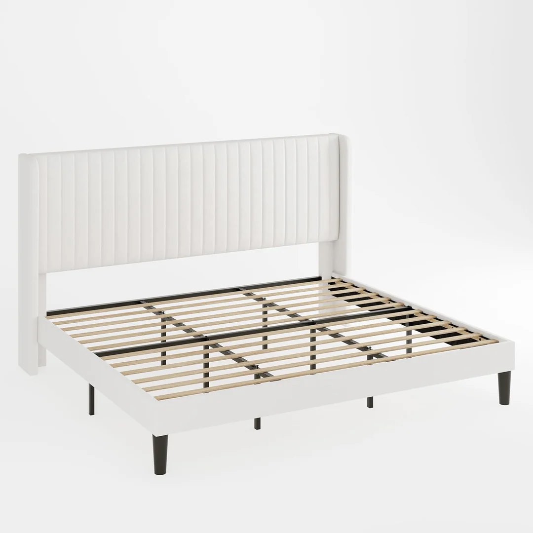 KING - Velvet Upholstered Platform Bed Frame with Vertical Line Tufted Adjustable Headboard