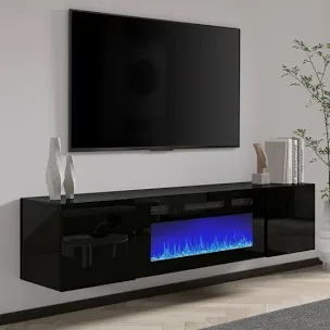 Bhhatu Floating Fireplace TV Stand, Wall Mounted Mirrored Entertainment Center with Storage Space, Modern LED Lights Media Console for TVs Up to 90"