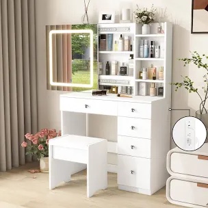 Daezha Elegant Makeup Vanity with Sliding Lighted Mirror and Side Table