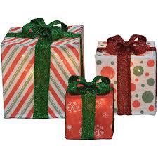 3 Piece Candy Cane Lane Stripe, Dot and Snowflake with Bow Presents Lighted Display Set