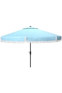 SAFAVIEH PAT8008A Collection Milan Fringe Navy and White 9Ft Crank Outdoor Push Button Tilt Umbrella