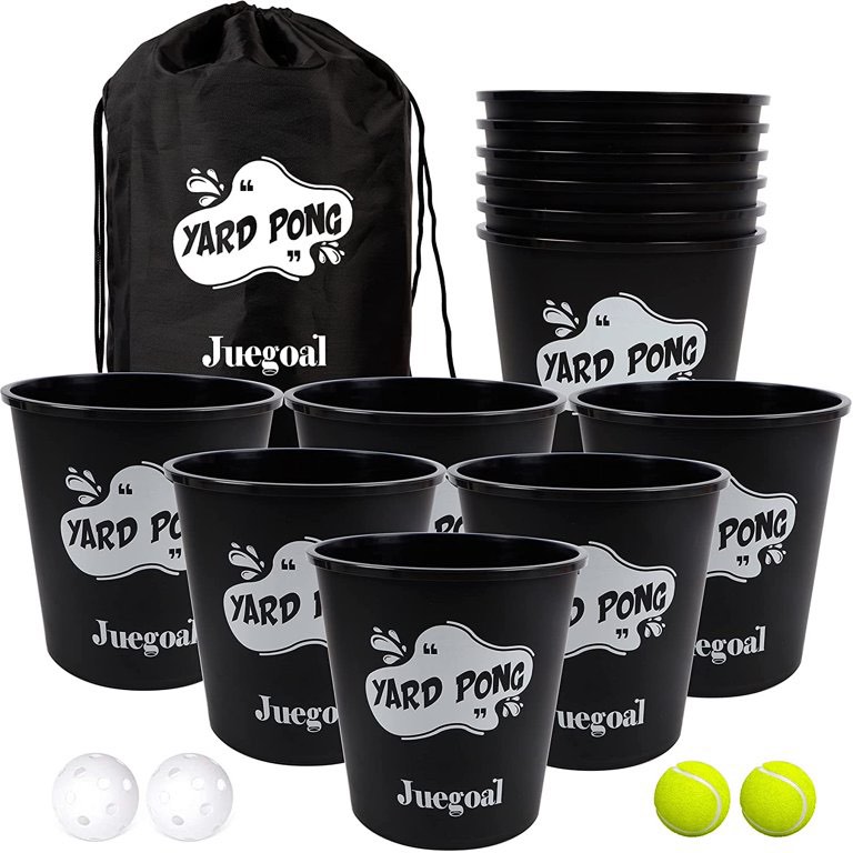 Juegoal Yard Pong, Outdoor Giant Yard Games Set for Adults and Kids, with 12 Buckets and 4 Balls, Toss Game Throwing Outside Family Game for Beach, Camping, Lawn and Backyard, Black