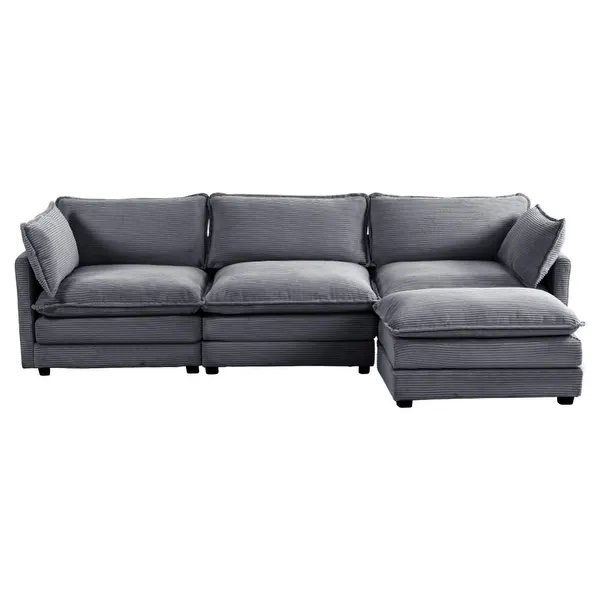 Corduroy Sectional Sofa with Ottomans and Ultra-soft Cushions for Living Room & Bedroom - 3 Seats With 1 Ottoman - Dark Gray