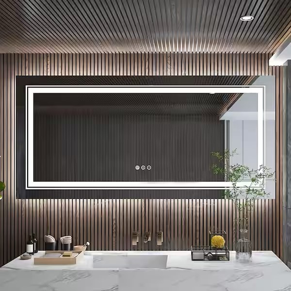 60 in. W x 30 in. H Large Rectangular Frameless Anti-Fog Dimmable Backlit & Front Light Wall LED Bathroom Vanity Mirror
