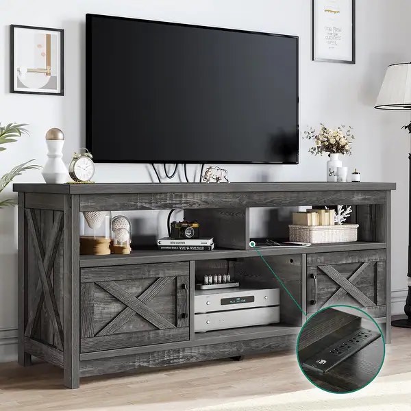 Farmhouse TV Stand for up to 65" TV with Doors and Open Shelves Media Console Power Outlet - 59 inches in width - Dark Oak
