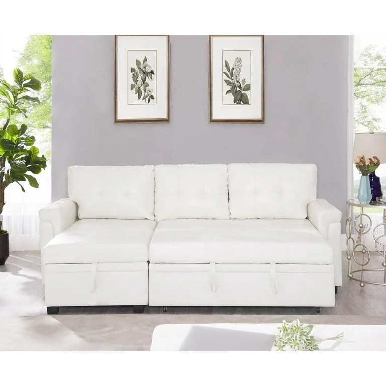 Naomi Home Perry Modern Sectional Sofa with Storage Chaise-Color:White,Fabric:Air Leather