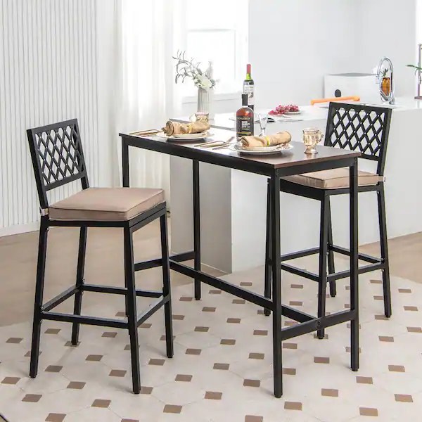 (Set of 2) 27 in. Black + Beige Metal Bar Stools Outdoor Bar Height Dining Chairs with Cushion