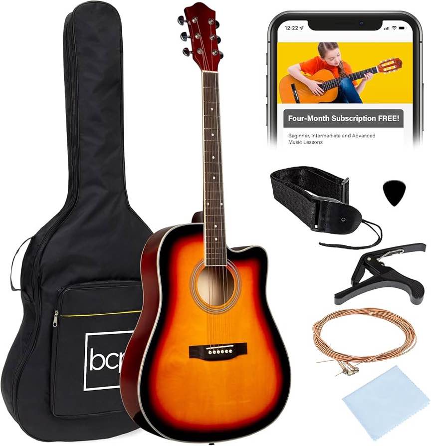 Best Choice Products 41in Beginner Acoustic Guitar Full Size All Wood Cutaway Guitar Starter Set Bundle with Case, Strap, Capo, Strings, Picks - Sunburst