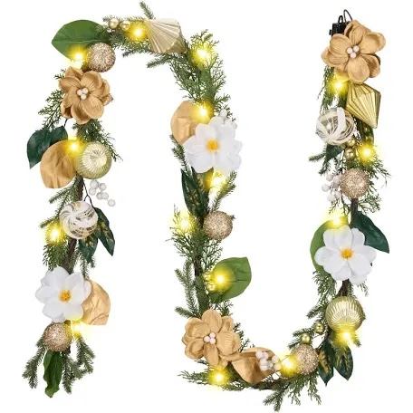 9 Foot Artificial Christmas Garland White Gold Magnolia. Battery Powered Pre Lit 100 LED Mini Lights