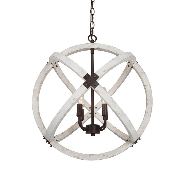 Loby Farmhouse 4-light Large Orb Solid Wood Chandelier Traditional Globe Dining Room Light Off White +ORB Distressed