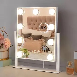 HIEEY Hollywood Vanity Mirror with 9 Dimmable Bulbs Lights, Three Color Lighting Modes, and 5X Magnification, Smart Touch Control, 360°Rotation (White,Gift Box)