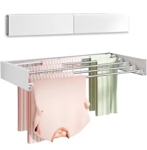 Wall Mounted Clothes Drying Rack 40 inches, Foldable Wall Mount Laundry Rack Folding Indoor, Drying Rack Clothing Collapsible, Hidden Space Saver with Wall Template, 6 Rods, White