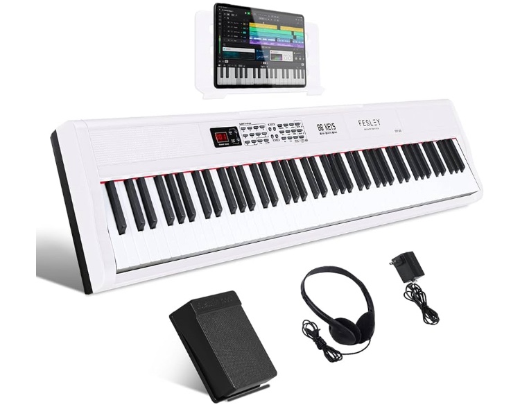 Fesley Piano Keyboard 88 Keys, Full-Size Digital Piano Keyboard, Portable Electric Keyboard Piano, 88 Key Keyboard With Music Stand, Power Adapter, Sustain Pedal, Bluetooth, MIDI, Red,FEP160