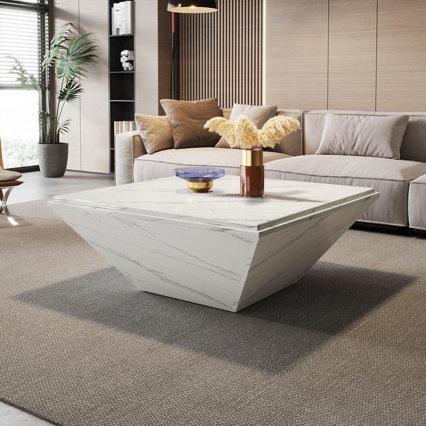 35.4 Inches Square Coffee Table with Faux Marble Tabletop - White