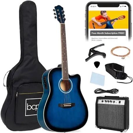 Best Choice Products Beginner Acoustic Electric Guitar Starter Set 41in w/All Wood Cutaway Design, Case, Strap, Picks - Blue