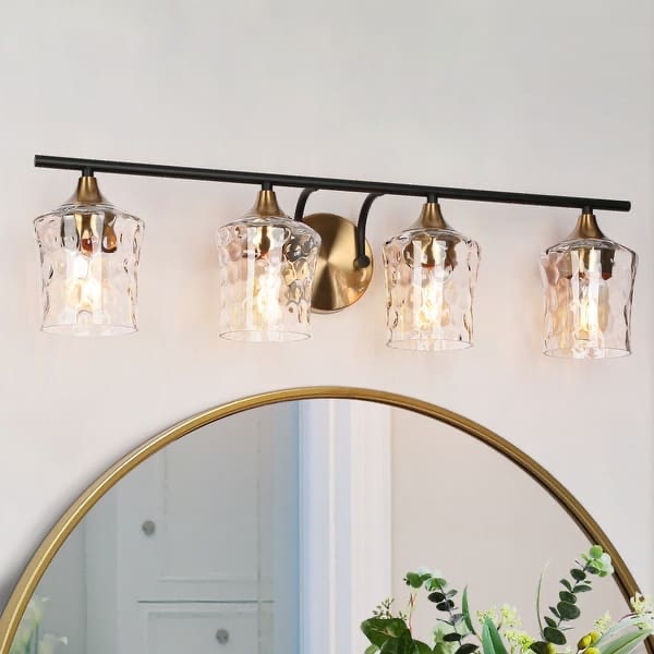 Modern Black Gold Bathroom Vanity Light Hammered Glass Wall Sconces Lamps with 1/2/3/4 Lights - 28" - Hammered