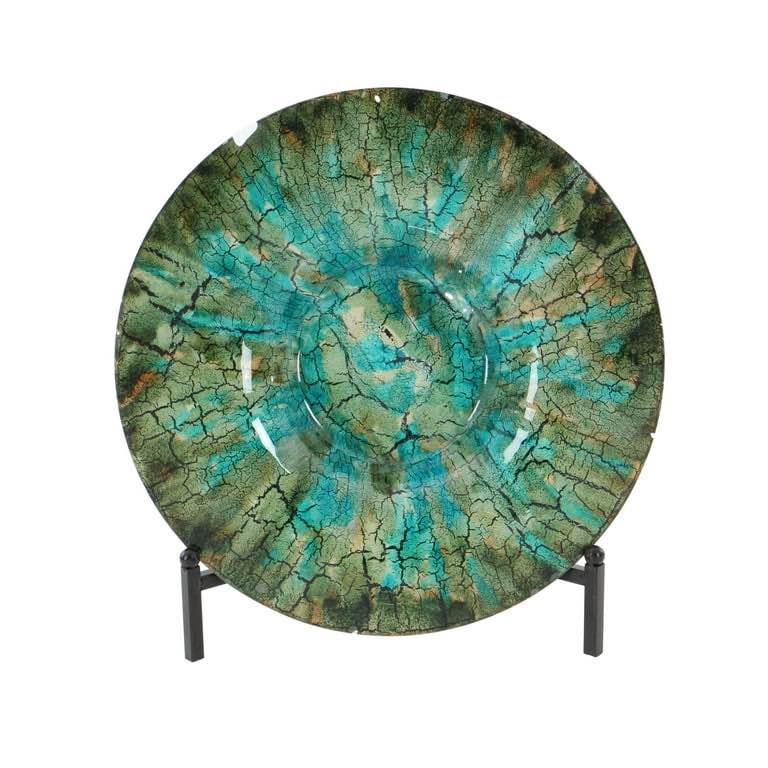 DecMode 18  Round Geometric Mosaic Inspired Green Glass Charger with Stand
