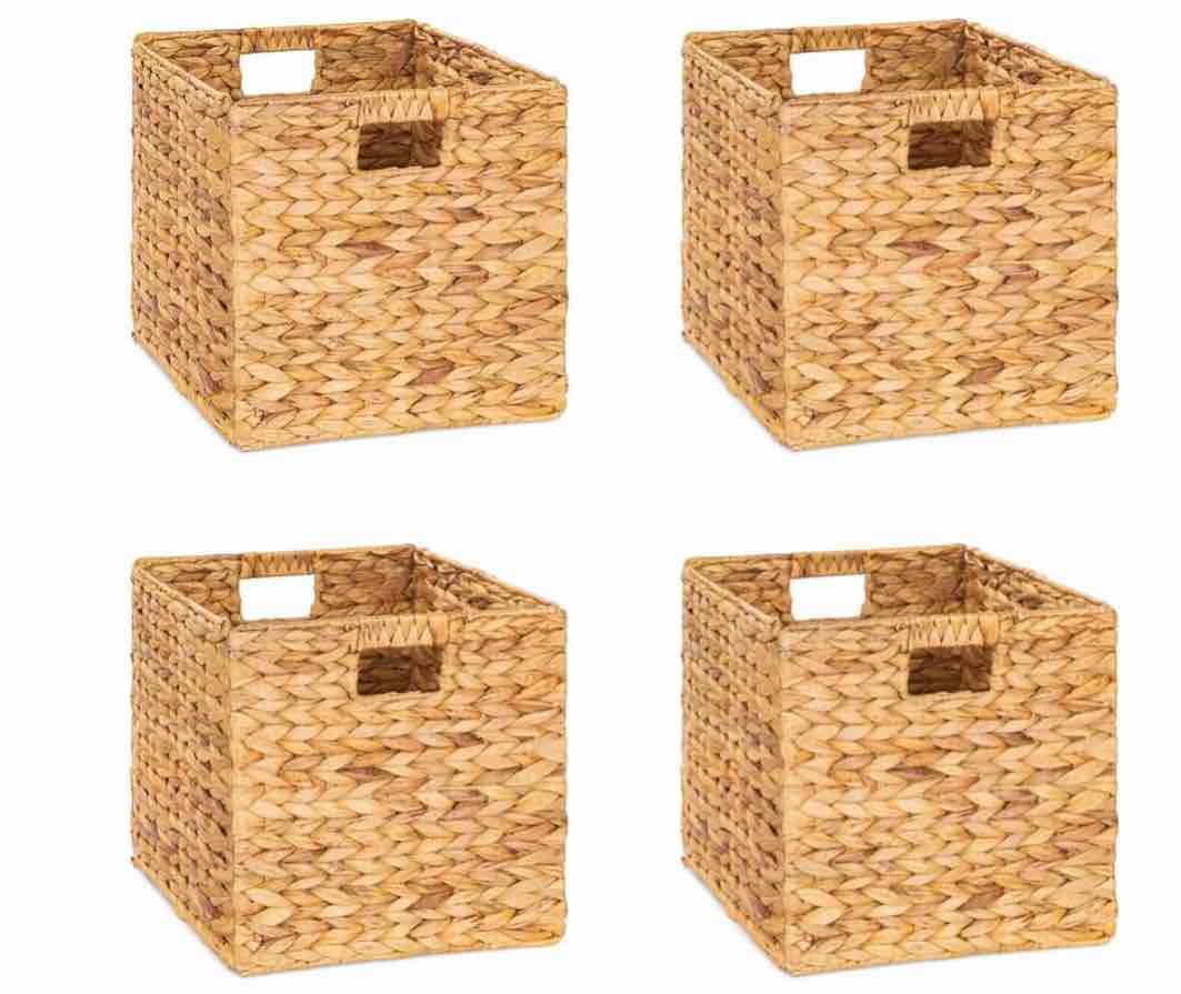 M4DECOR 12x12in Water Hyacinth Storage Baskets, Woven Baskets for Shelving, Square Wicker Baskets for Bedroom, Living Room, Nursery (Natural 4 Packs)