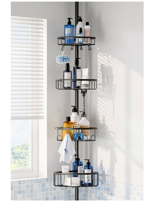 Corner Shower Caddy Tension Pole: Stainless Steel Rustproof 4-Tier Shower Organizer - 47-121 inch Adjustable Bathroom Shelves for Bathtub Shampoo Storage - Tension Rod Floor Standing Bath Rack - Black