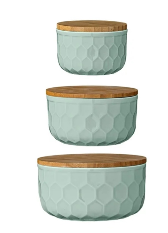 Desert Fields Round Mint Green Stoneware Bowls with Bamboo Lid, 6", Set of 3 Pieces