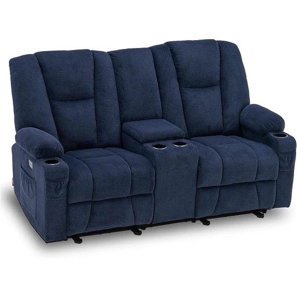 MCombo Electric Power Reclining Sofa with Massage and Lumbar Heat, Fabric 6015/6025/6035/6045 - Loveseat Recliner with Console - Blue/ incomplete box 1 of 3!!