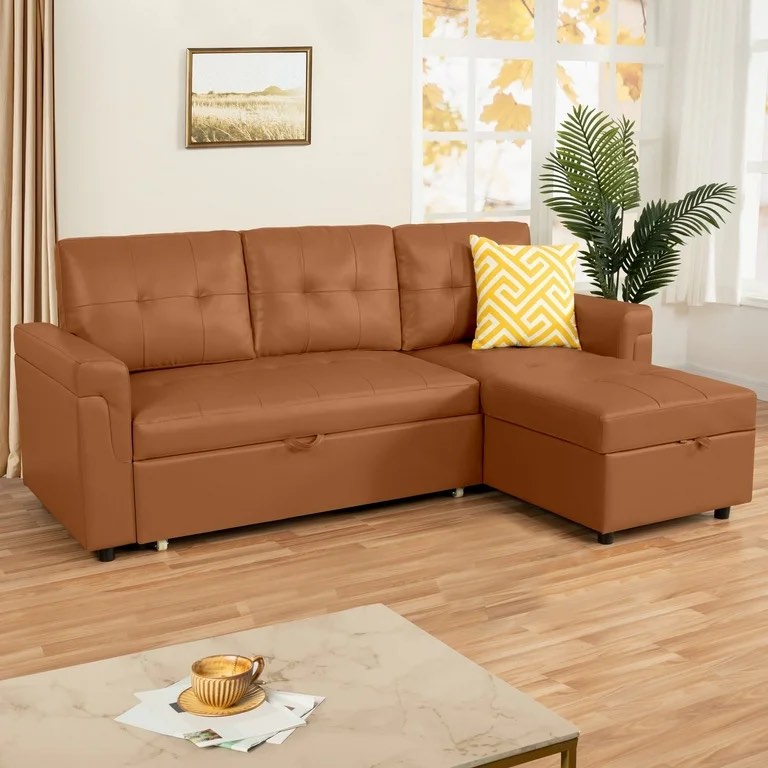 Naomi Home Perry Modern Leather Sectional Sofa with Storage Chaise-Color:Caramel,Fabric:Air Leather /box 1 of 2 only